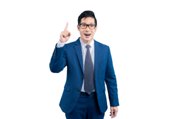  Asian businessman  points upward to an idea, innovative or solution while standing with his formal attire on PNG background