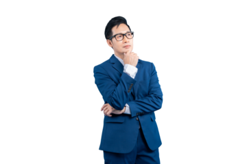  Asian businessman  contemplates a decision, holding his chin thoughtfully on PNG background