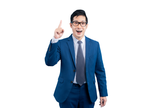 Asian businessman points upward to an idea, innovative or solution while standing with his formal attire on PNG background