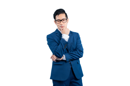  Asian businessman  in a suit looking thoughtful and contemplative on a blank background. A man wearing glasses is holding his chin in thought.  He looks like he is deep in thought on PNG background