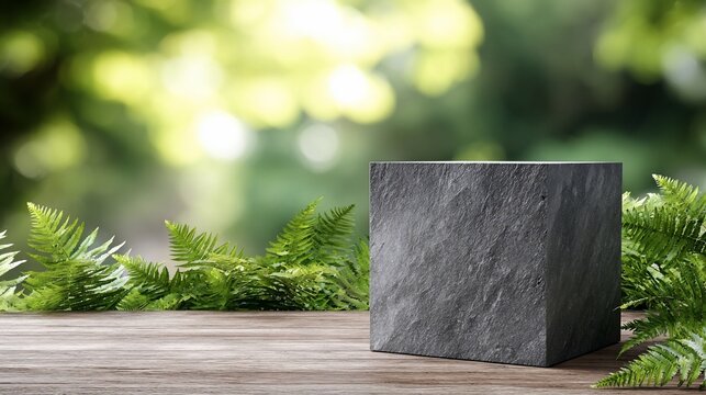 Stone cube product display on wood table, ferns frame, green bokeh backdrop. For advertising