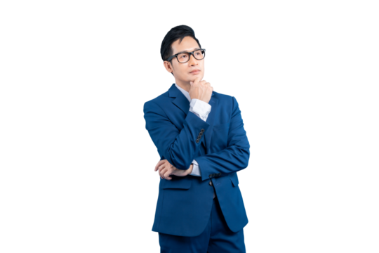  Asian businessman  contemplates a decision, holding his chin thoughtfully on PNG background