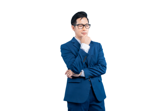  Asian businessman pondering a decision in a professional setting on PNG background