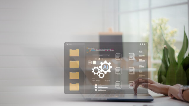 Futuristic concept of AI-powered data management and digital file storage system. Close-up of laptop with virtual folders, documents, storage icons, and artificial intelligence for cloud computing.