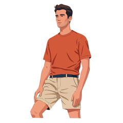Naklejka premium Young man wearing orange t-shirt and beige shorts casual summer outfit vector illustration 
