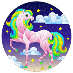 Illustration in the style of stained glass window with cute horse on background of night sky with stars and cloud