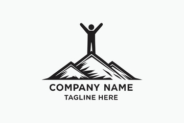 Mountain Top Silhouette with Victorious Person on White Background