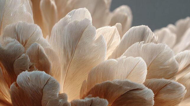 Close-up of delicate, light beige feathers, seemingly part of a large flower or decorative piece.  Soft lighting highlights the intricate texture of the feather vanes