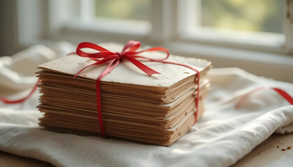 Stack of aged papers tied with a vibrant red ribbon, evoking nostalgia and treasured memories, perfect for storytelling and sentimental projects.