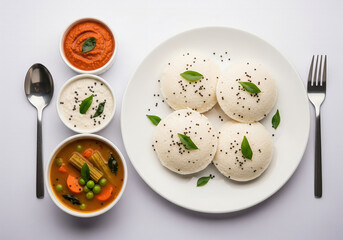 Delicious Steamed Indian Idli Sambar and Chutney Platter with Curry Leaves