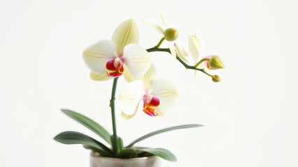 Fototapeta premium Potted Phalaenopsis Orchid Plant with Delicate Cream and Pink Blooms - A Clean Studio Shot on a White Background with Copy Space.