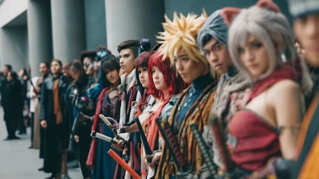 Group of people wearing a cosplay outfit of different anime characters posing at anime exhibition