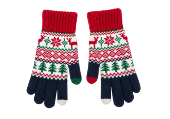 Christmas knitted gloves with festive pattern isolated on white isolated on transparent background