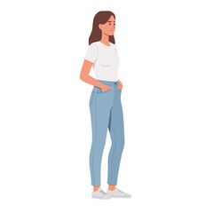 Fototapeta premium Young woman standing with hands in pockets wearing white t-shirt and blue jeans casual style illustration 