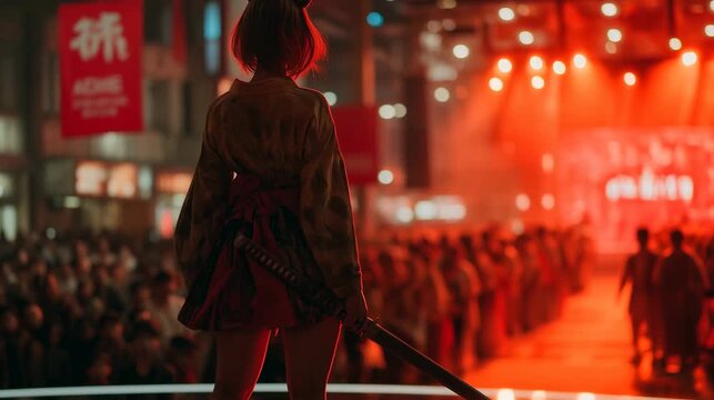 Female samurai cosplayer with katana sword from rear on anime convention stage posing to audience