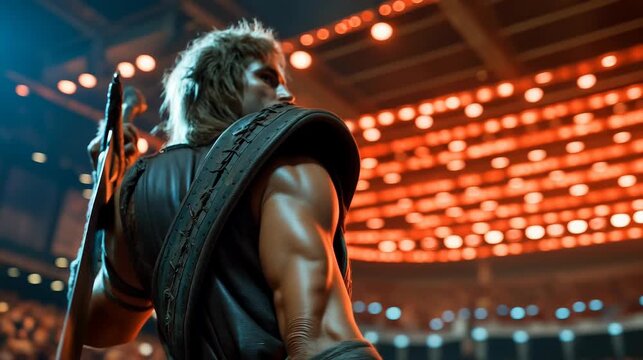 Strong male cosplayer hiding behind a big sword at anime convention under the spotlights