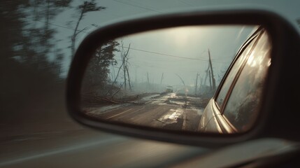Obraz premium Car Mirror View: Post-Storm Road with Fallen Trees and Foggy Conditions