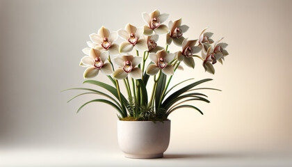 Potted Cymbidium Orchid with White and Brown Blooms - A Clean Studio Shot on a Neutral Background with Copy Space.