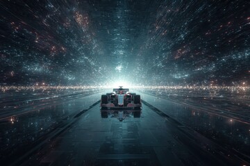Futuristic Formula One Car on Illuminated Track with Starry Sky