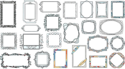 A collection of decorative frames in various shapes and styles displayed on a light blue background