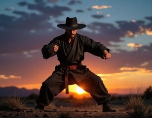 Martial artist practices ancient techniques against a stunning sunset backdrop in a desert landscape in the evening hours