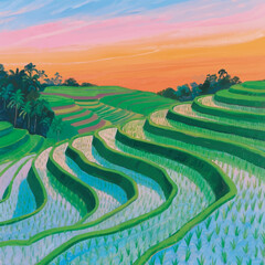 Green Terraced Rice Field Design Template with Orange Sky Background Vector