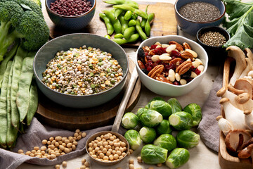 Asortment of plant based vegan protein products. Healthy eating.