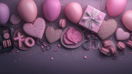 Fototapeta premium Happy Valentine's Day holiday banner. Holiday background with realistic XO cookies, paper hearts, gift box, balloons and confetti. Vector illustration with 3d decorative object for Valentine's Day.