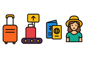 Airport travel and tourism icon set. Luggage on baggage conveyor belt, passport, flight ticket, and woman tourist. Flat vector cartoon illustration for vacation or journey.