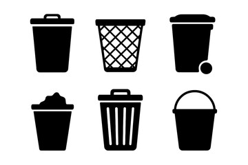 Bin silhouette icon set. Trash, garbage, waste icons collection. Dustbin, bucket, and container symbols. Rubbish disposal vector illustration for web and mobile design.