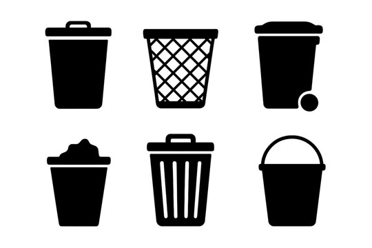 Bin silhouette icon set. Trash, garbage, waste icons collection. Dustbin, bucket, and container symbols. Rubbish disposal vector illustration for web and mobile design.