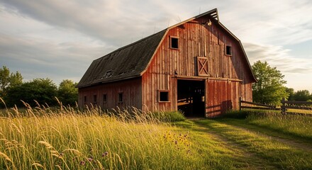 Obraz premium Rustic red barn in rural landscape tall grass agriculture and farming