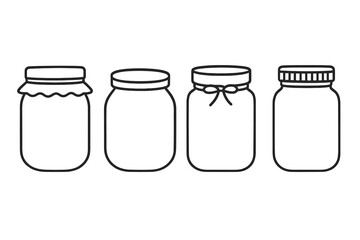 Set of simple glass jar line icons. Minimalist black and white vector illustration for kitchen storage, canning, and preserving. Modern, clean container and pot designs.