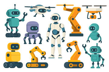 Fototapeta premium Robot and drone vector set. Collection of cartoon automation technology characters like humanoids, industrial robotic arms, and ai quadcopters for future industry concepts.