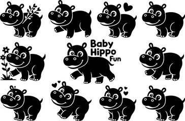 Obraz premium Cute Hippo Clipart Set – Kawaii Animal Vector Illustrations