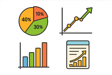 Data visualization vector icon set. Colorful infographic elements for business analytics and reports. Minimalist pie chart, bar graph, and growth trend diagrams for finance.