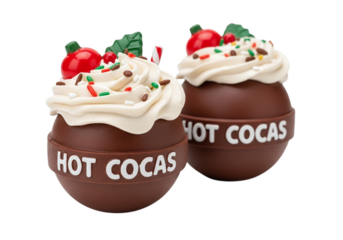 Hot cocoa bombs with whipped cream and cherry isolated on transparent background