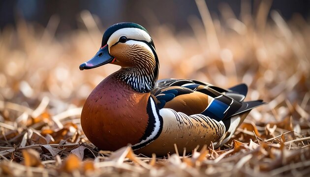 Mandarin Duck Resting on Autumn Leaves