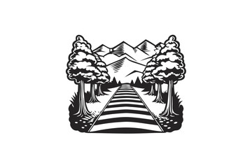 of Railway Tracks, Trees, and Mountain Landscape on White Background