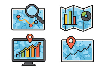 Data visualization icon set for business analytics and market research. Geographic information system (GIS) with maps, charts, and graphs for financial reports and statistics.