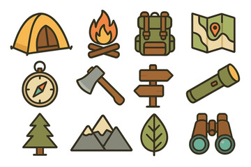 Outdoor adventure and camping icon set. Vector collection of hiking, nature, and exploration symbols. Minimalist cartoon graphics for travel, tourism, and recreation.