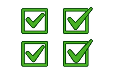Green check mark vector icon set. Tick in box signs isolated. Approved, success, correct & yes symbol. Choice button for checklist, poll or survey user interface.