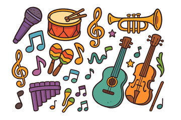 Obraz premium Set of colorful cartoon musical instruments. Vector collection of sound icons like guitar, violin, drum, and trumpet. Doodle music elements for creative design concepts.