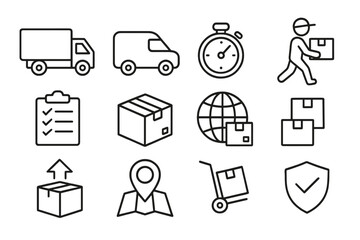 Logistics and delivery service line icon set. Transport, shipping, courier outline icons. Vector collection for e-commerce, package tracking, and supply chain management.