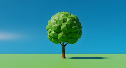 Isolated low poly tree render on green field with blue sky background for game asset and design element