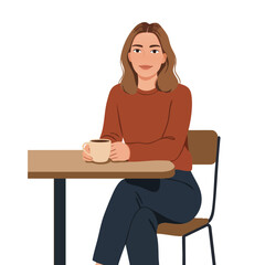 Woman sitting at table holding cup casual lifestyle illustration with warm autumn colors and relaxed posture 