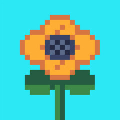 Bright pixelated sunflower with yellow petals and dark center on a cyan background. Minimalist and cheerful floral design in retro game style.