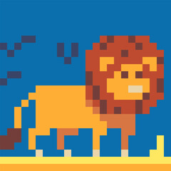 Pixel lion with bright orange mane and yellow body standing proudly on a savannah background. Retro style reminiscent of old-school video games.