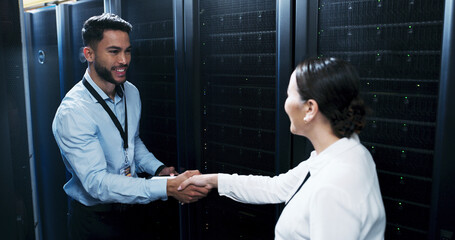 Business people, handshake or meeting with agreement in server room for thank you or partnership. Businessman, woman or technician shaking hands with smile for deal, connection or network service