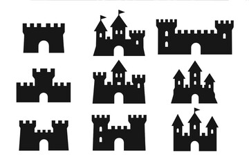 Castle fortress silhouette icon set. Medieval kingdom palace collection. Ancient historic building for war and defense. Fantasy fairytale tower vector graphic elements.